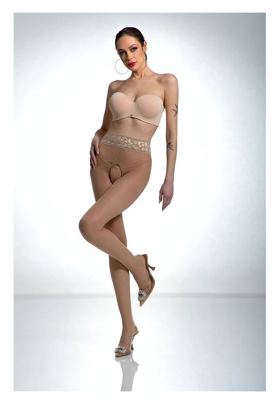 Collants Amour en dentelle couleur chair avec trou d'entrejambe et dentelle