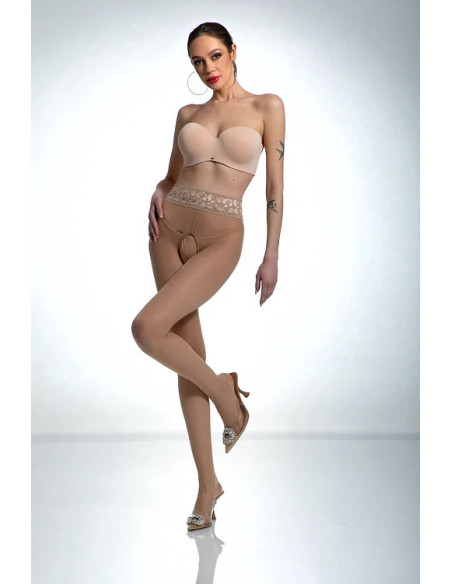 Collants Amour en dentelle couleur chair avec trou d'entrejambe et dentelle