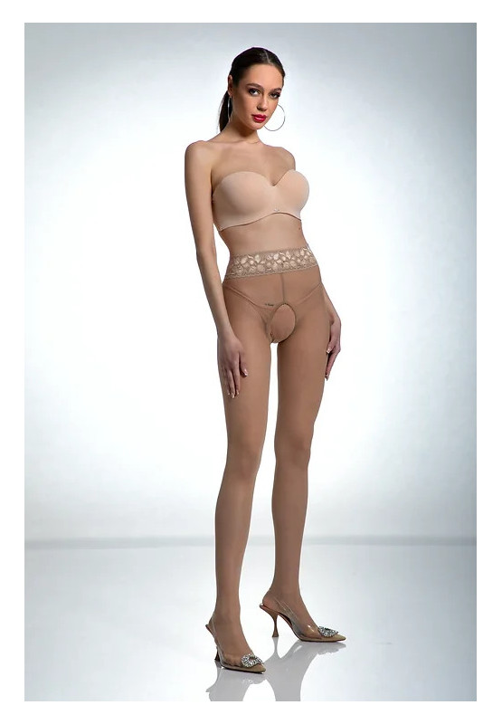 Collants Amour en dentelle couleur chair avec trou d'entrejambe et dentelle