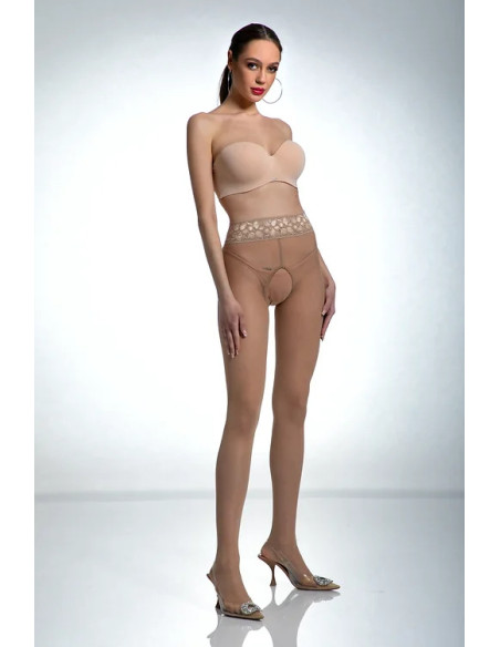 Collants Amour en dentelle couleur chair avec trou d'entrejambe et dentelle