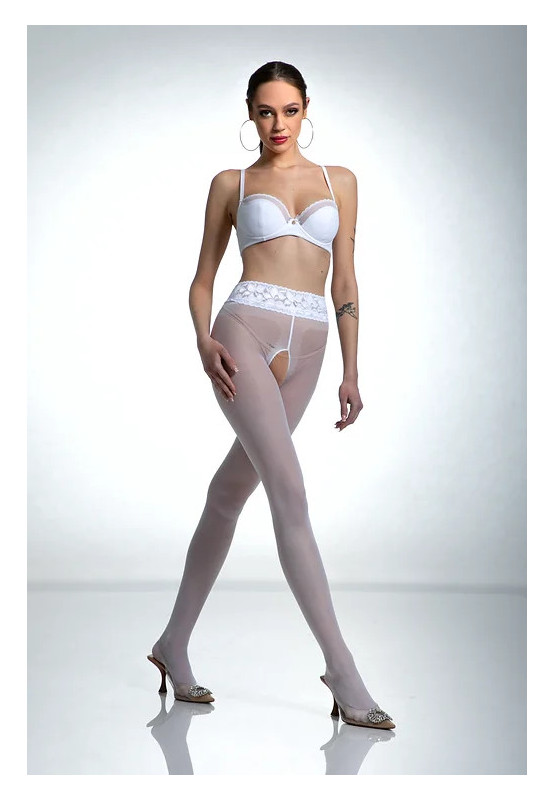 Collants blancs Amour en dentelle avec ouverture à l'entrejambe et dentelle
