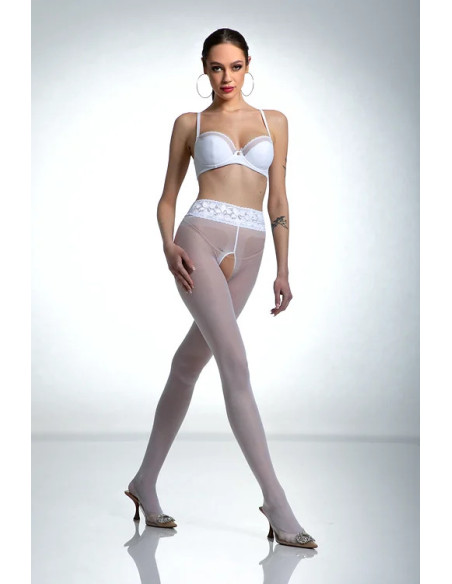 Collants blancs Amour en dentelle avec ouverture à l'entrejambe et dentelle