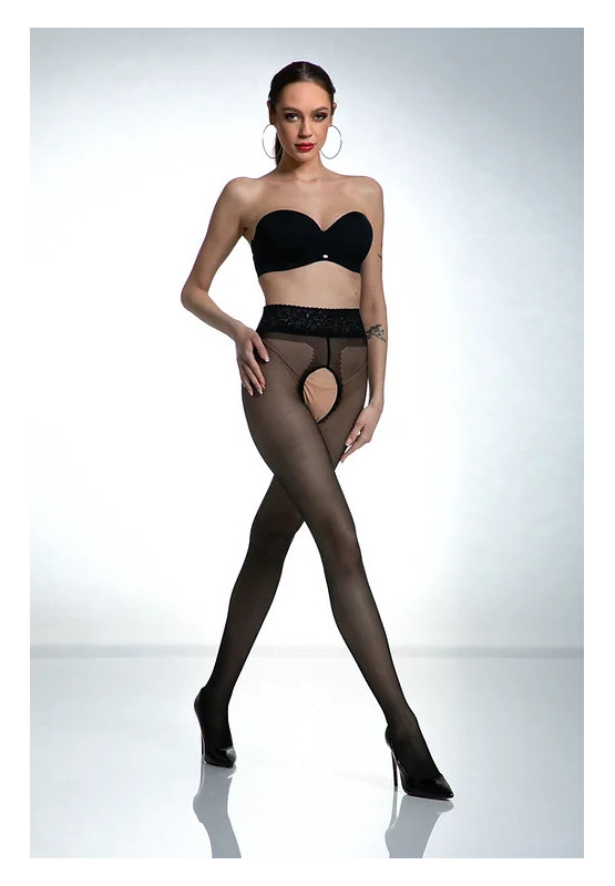 Collants ouverts à l'entrejambe en dentelle noire Amour avec dentelle