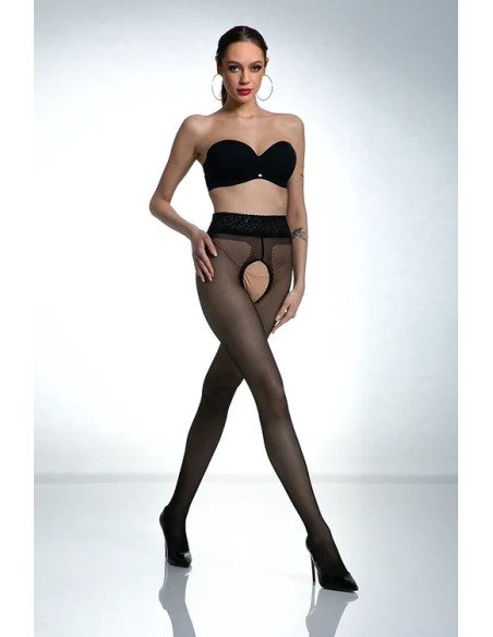 Collants ouverts à l'entrejambe en dentelle noire Amour avec dentelle