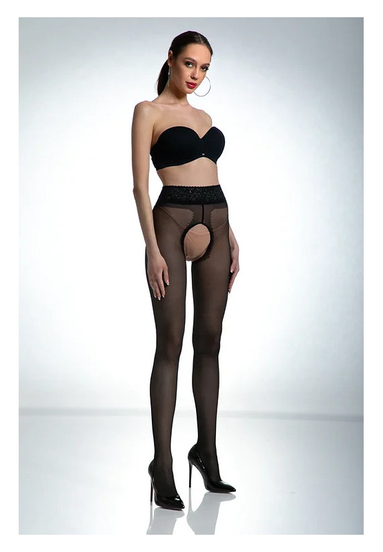 Collants ouverts à l'entrejambe en dentelle noire Amour avec dentelle